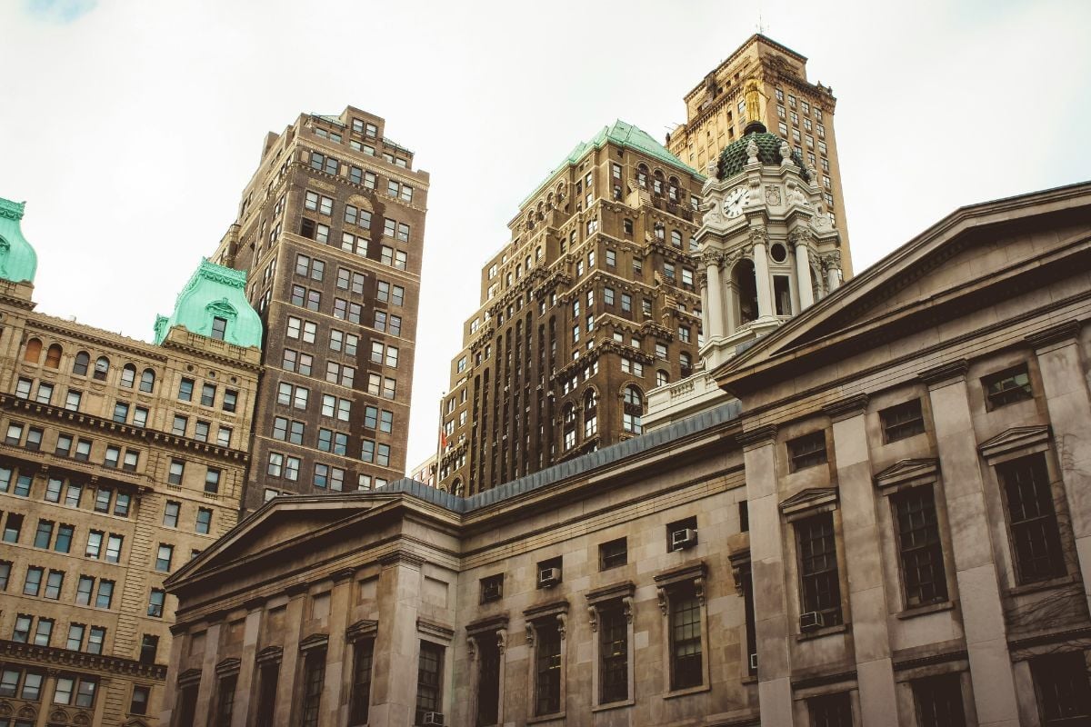 The exterior of several pre-war buildings in NYC