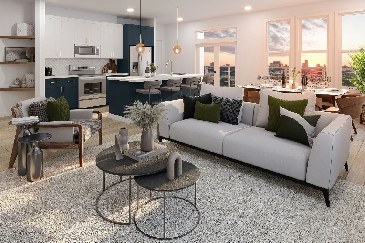A 3D rendering of a luxury apartment with a skyline view
