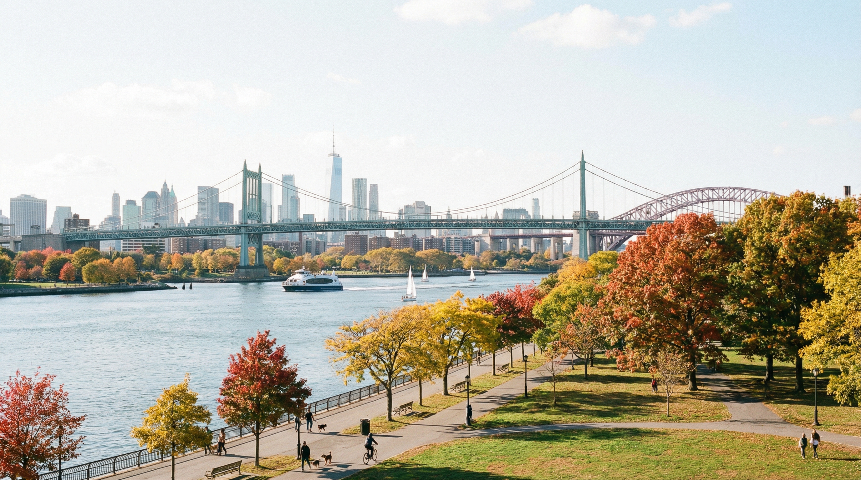 A view of the Astoria waterfront with a view of the city skyline on a sunny, fall day. 