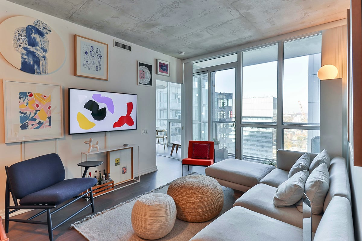 Interior of a luxury condo with a skyline view