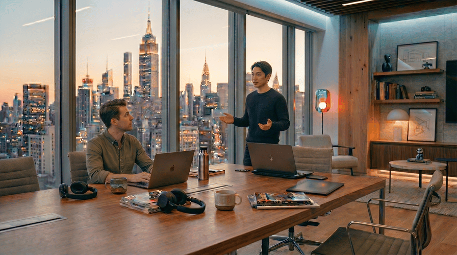 Manhattan skyline view through floor to ceiling windows office space-1
