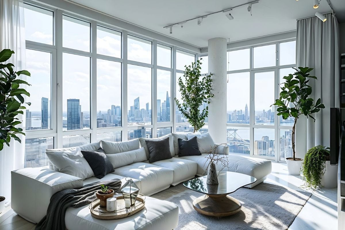 Modern Manhattan condo interior with floor to ceiling windows, showcasing the aesthetic of a luxury apartment in Manhattan