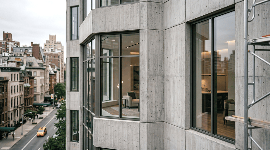 Exterior of modern concrete condo in NYC
