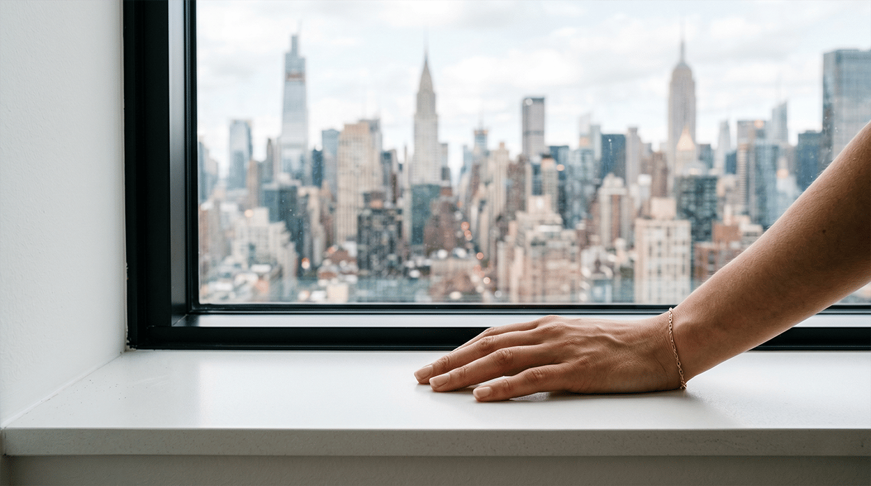 Home sellers arm placed upon window sill in modern condo