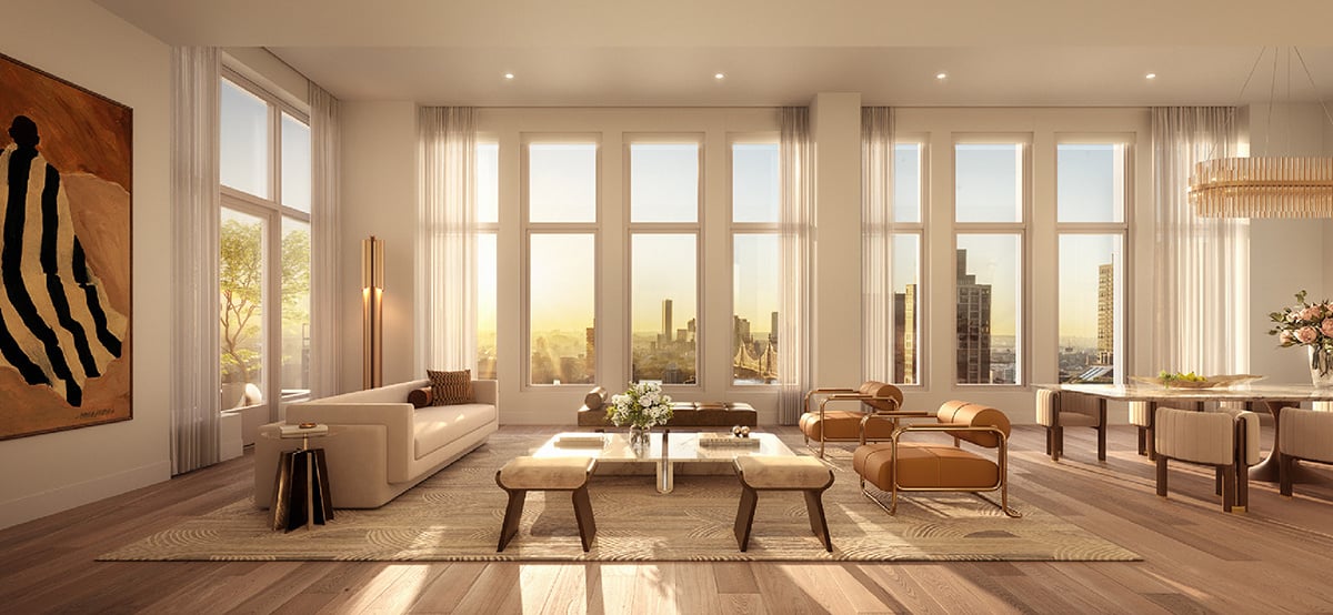 The Treadwell penthouse living room as dusk