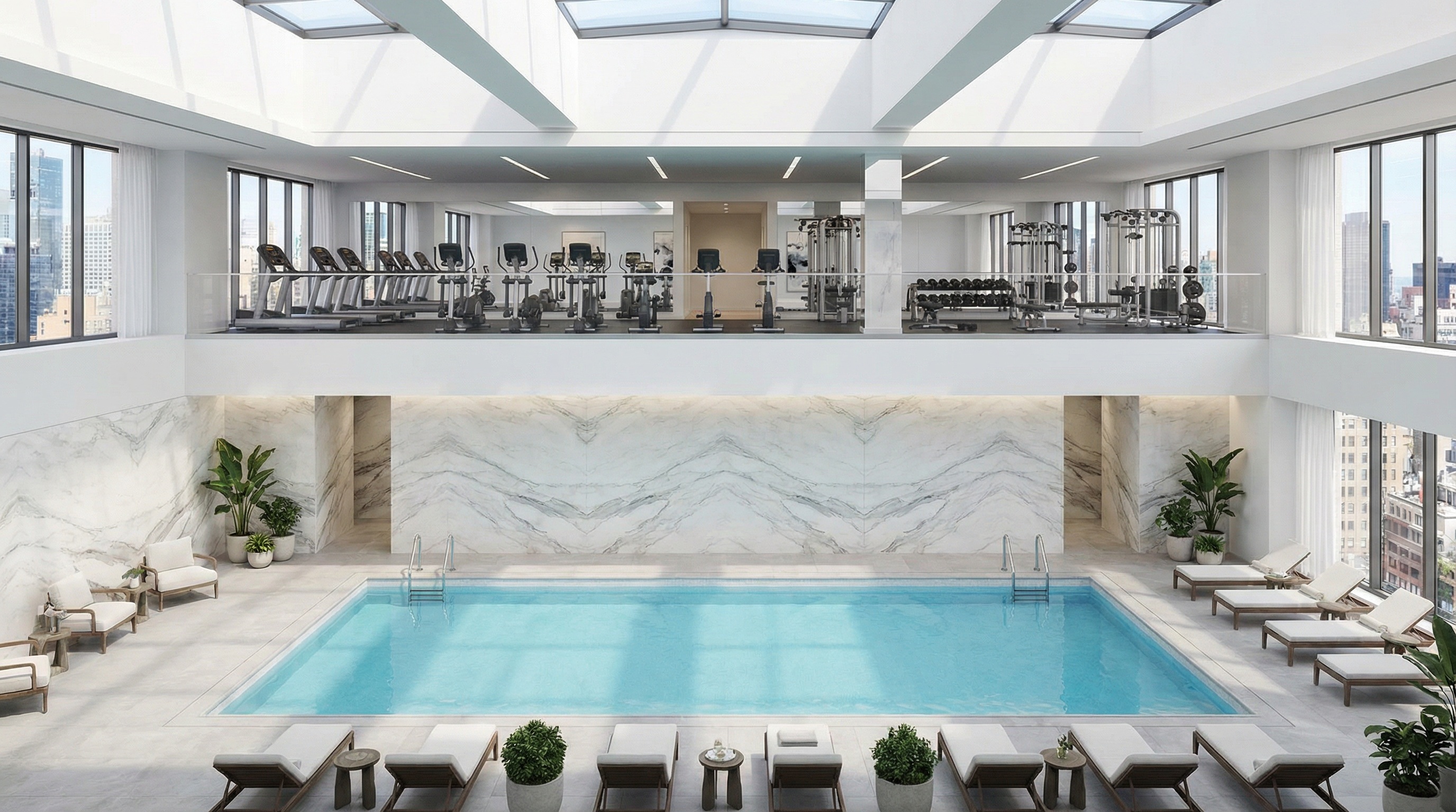 A fitness center in a luxury condo building in NYC overlooking a swimming pool 