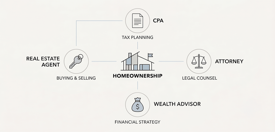 diagram showing four clean roles arranged around a central home icon