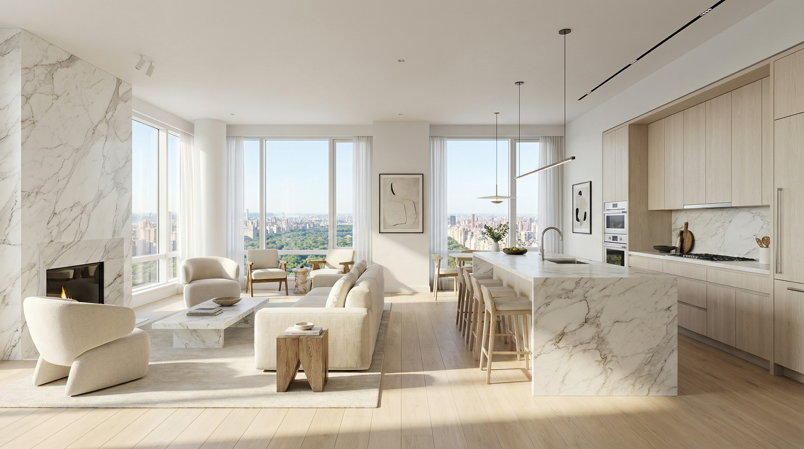 The interior of a modern condo in NYC with an open concept layout and views of the city skyline. 