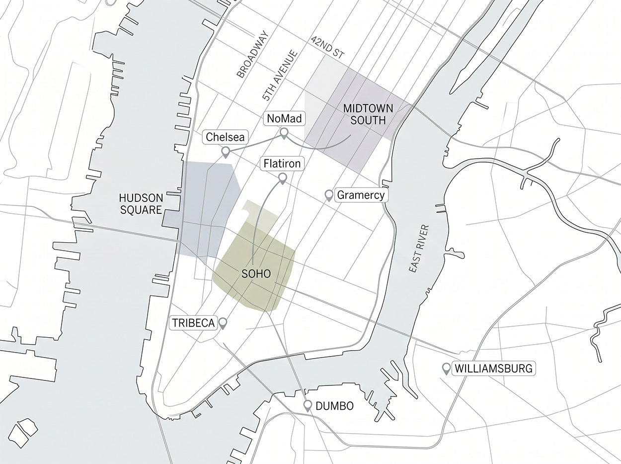 map illustration of Manhattan below 42nd Street and the Brooklyn waterfront