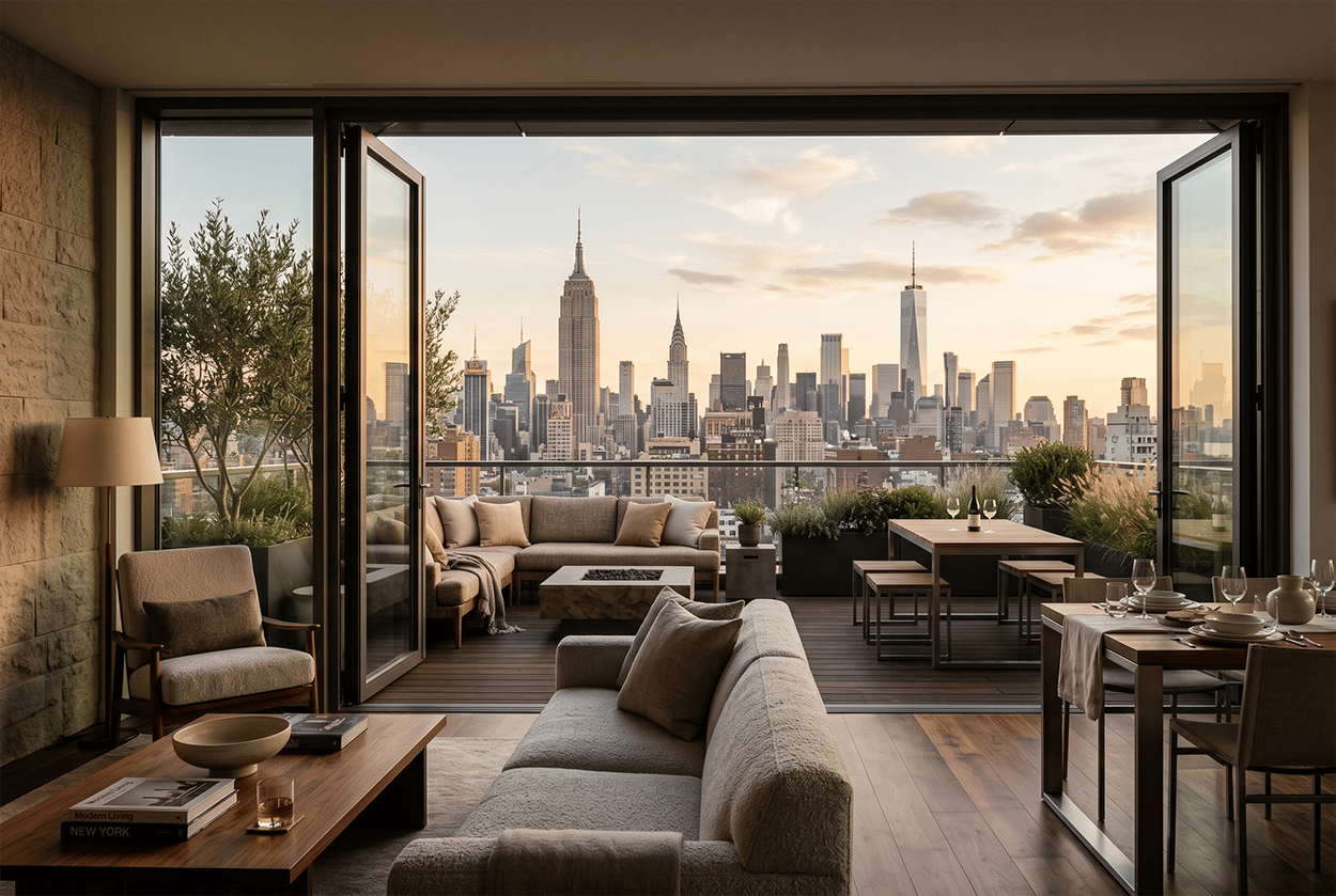 modern full floor condominium private terrace at golden hour