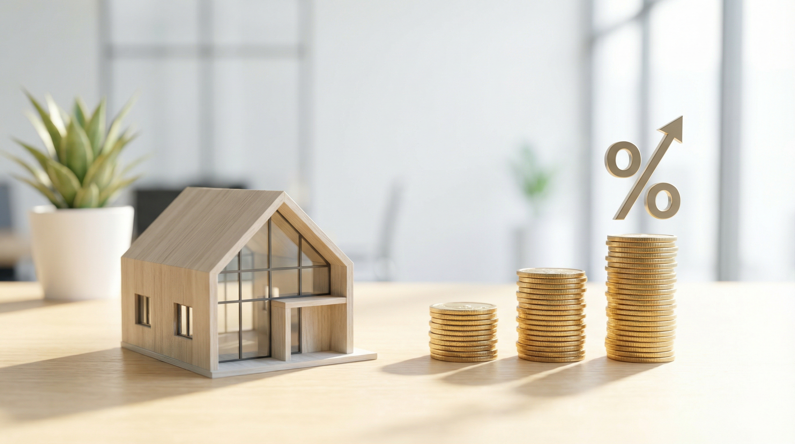 A small, model home sitting on a desk next to a succulent and a stack of coins with a percent sign above them, symbolizing mortgage interest rates. 